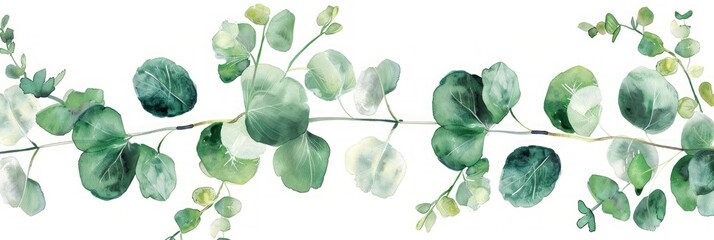 Green and Silver Dollar Eucalyptus Leaves Watercolor Banner Generative AI - obrazy, fototapety, plakaty
