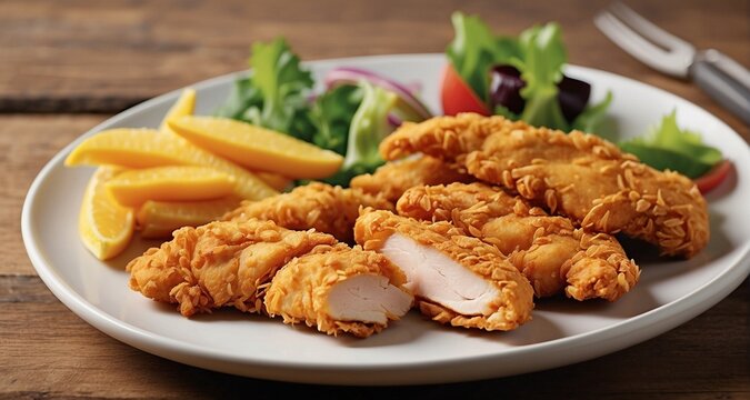 Create an ultra-realistic image of a plate of crispy chicken strips with a golden-brown, perfectly textured coating. Pay meticulous attention to the details of each strip-AI Generative 