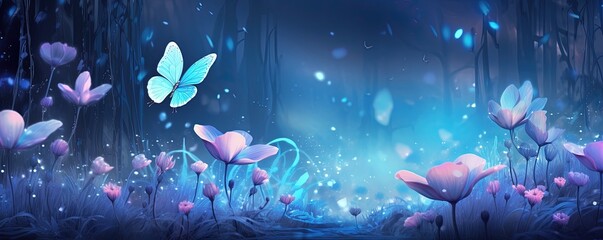 Fototapeta na wymiar Dreamy iridescent blue flowers. Bioluminescent garden and butterflies. Abstract floral background wallpaper