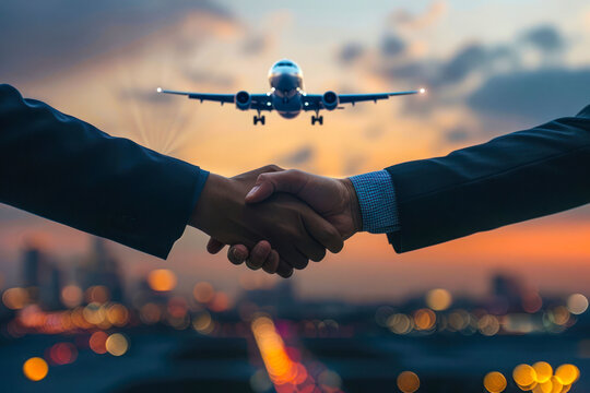 Silhouetted handshake with dramatic sky and descending airplane conveys closing deals or travel in business