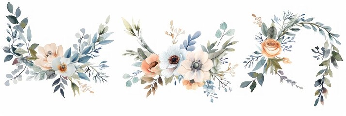 Neutral Flower Wreaths Watercolor Set - Perfect for Greeting Cards, Stationery, and Wedding Invitations Generative AI - obrazy, fototapety, plakaty