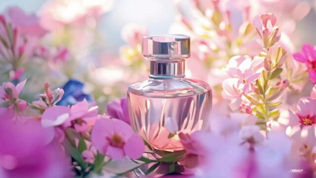 Perfume bottle in flowers, fragrance on blooming background, floral scent and cosmetic product idea
