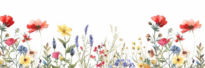 Hand-Drawn Botanical Illustration of Wild Flowers with Watercolor Frame Generative AI
