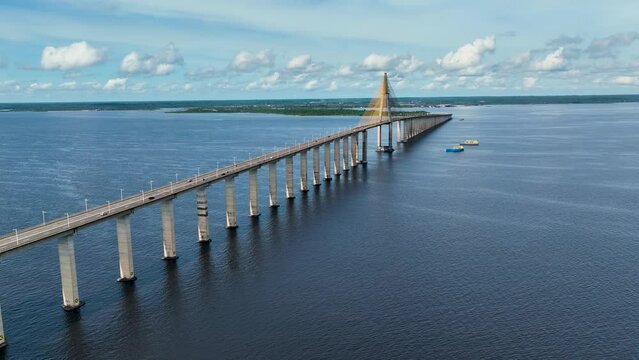Cable Bridge At Manaus Amazonas Brazil. Viaduct Busy Transit Manaus Amazonas. Business Sky Clouds Downtown Cityscape. Business Drone View Downtown Backgrounds Panorama.