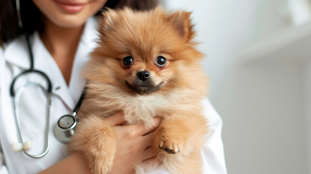 Cropped image of female veterinarian with stethoscope holding Pomeranian Spitz puppy in veterinary clinic on white banner background, copy space for text. Pet care