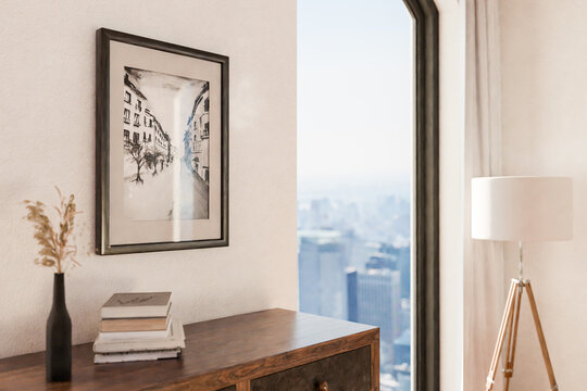 wooden rustic dresser wardrobe standing in room corner; bright daylight shining  from large window; empty mock up poster frame standing on furniture; home decoration desing; 3D rendering