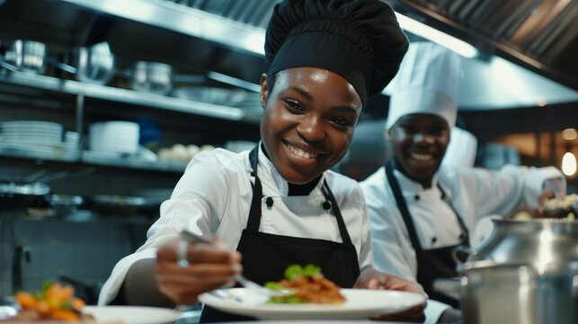 Happy Female African American chef garnishing and decorating plate with her coworker in the kitchen.