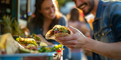 Happy couple sharing tacos in front of a Mexican Food Truck sitting by outdoor dining table have a lot of fun, sweet heart warming romantic scene of lovers dating backgrounds with copy space. - obrazy, fototapety, plakaty