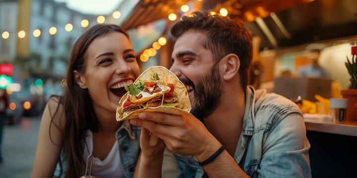 Happy couple sharing tacos in front of a Mexican Food Truck sitting by outdoor dining table have a lot of fun, sweet heart warming romantic scene of lovers dating backgrounds with copy space. - Powered by Adobe
