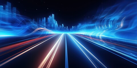 Abstract road with blue light trails , data transfer speed and digitization concept