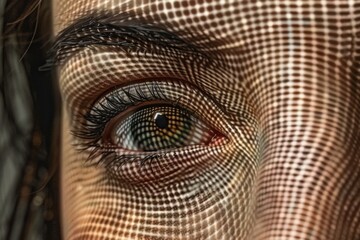 Close up of a womans eye against a checkered background, showcasing the intricate details of the iris and lashes