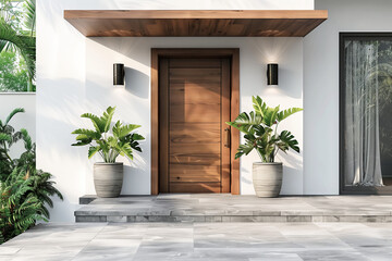 Modern Home Entrance with Wooden Door. Elegant home entrance featuring a wooden door flanked by potted plants. - obrazy, fototapety, plakaty