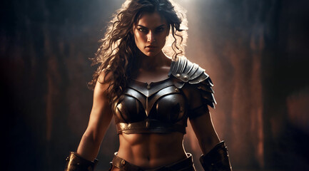 Female roman gladiator. Powerful amazon warrior with copy space - obrazy, fototapety, plakaty