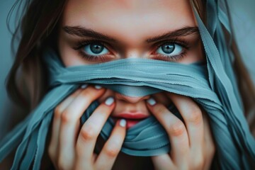 A woman covers her face with a gray scarf, concealing her features with a captivating aura of secrecy - obrazy, fototapety, plakaty