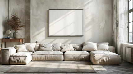 White Sofa and Indoor Plants Enhance the Brightness of a Minimalist Living Room with a Large Empty Frame on the Wall