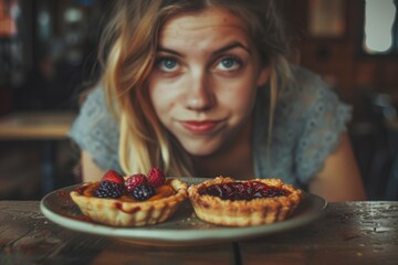 A woman sitting at a table, engrossed in gazing at a tempting plate of pies