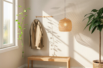 Scandinavian Style Entryway.  A cozy entryway with bench, hanging coat, and pendant light.