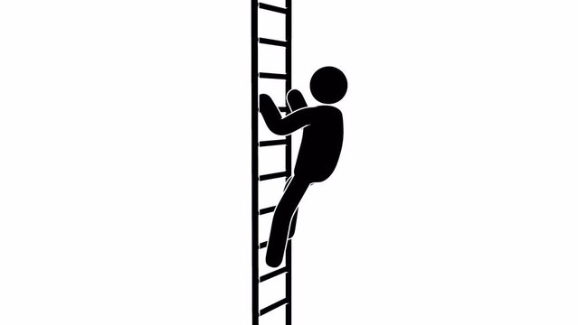 Pictogram Man Climbing Ladder to Top. A stickman icon climbs a ladder to reach the top in a simple animated pictogram. Looped animation with alpha channel.