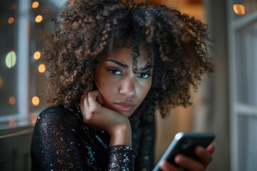 A woman with curly hair appears confused as she looks at her cell phone screen, absorbed in whatever she is reading or watching