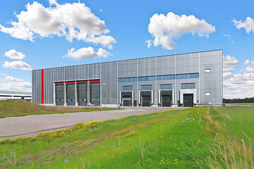 Fototapeta na wymiar Modern Industrial Warehouse Exterior. Contemporary warehouse with loading docks under a blue sky with clouds.