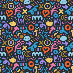 Children style colored seamless pattern with bold brush drawn doodle shapes. Hand drawn organic naive shapes and lines. Girly creative abstract background with crowns, hearts, various quirky figures.