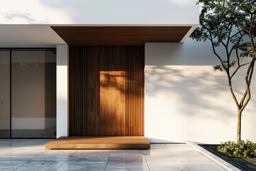 Modern Home Entrance with Wooden Door. Shadow patterns on a contemporary wooden door at sunset.