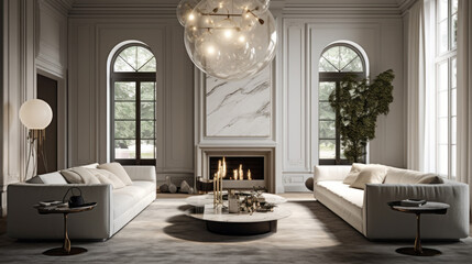 A modern living room featuring a sophisticated statement lighting fixture