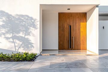 Modern Home Entrance with Wooden Door. Shadow patterns on a contemporary wooden door at sunset.