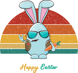 Easter bunny badass and funny cartoon character with bunny ears isolated on vitnage sun. rock n roll easter party poster or happy easter greeting card with blue rabbit