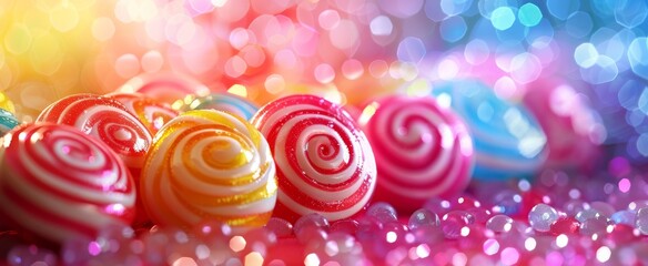 Fototapeta na wymiar Colorful candy swirls with sugar sprinkles on a bokeh background, evoking a vibrant and playful mood.