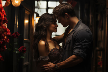 a man and woman in a window with a red rose in the background