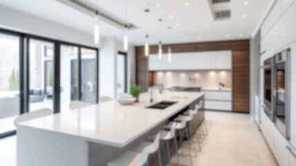 Fototapeta na wymiar A deliberately blurred image showcasing a spacious, modern kitchen interior, ideal for background use or design mockups. Resplendent.