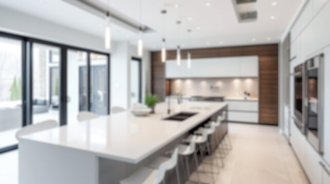 A deliberately blurred image showcasing a spacious, modern kitchen interior, ideal for background use or design mockups. Resplendent.