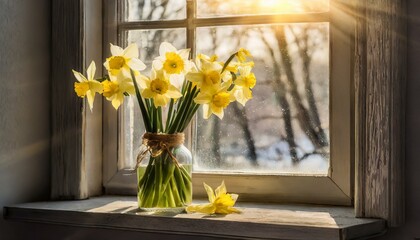 Easter decoration: Spring Daffodils Bouquet In Window. Spring yellow daffodils  in a jar in rustic sunny window