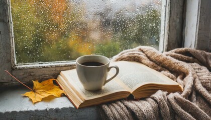 Cozy home still life: cup of hot coffee and opened book with warm plaid on windowsill 