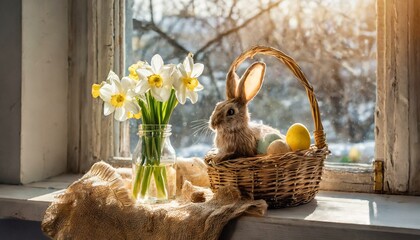 Cute young Easter bunny in a wicker basket with dyed eggs on the windowsill near hyacinths