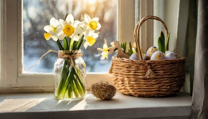  a wicker basket with dyed eggs on the windowsill near hyacinths 