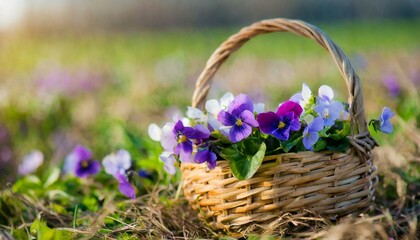 multi-colored violets in a wicker basket on a flower field close up - obrazy, fototapety, plakaty