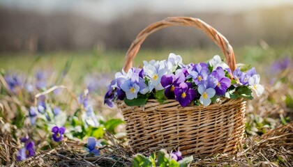 purple violets in a wicker basket on a field of flowers - obrazy, fototapety, plakaty