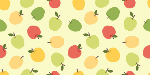 Apples seamless patterns. Green, red and yellow apples pattern. Used for paper, cover, gift wrap, fabric, interior decoration, wall art. Hand drawn colored Vector illustration