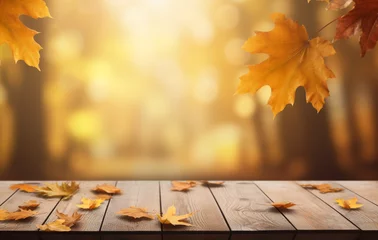 Foto op Aluminium autumn background with autumn leaves on wooden board, in the style of light-filled landscapes сreated with Generative Ai © Andrii Yablonskyi