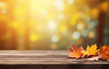 autumn background with autumn leaves on wooden board, in the style of light-filled landscapes сreated with Generative Ai