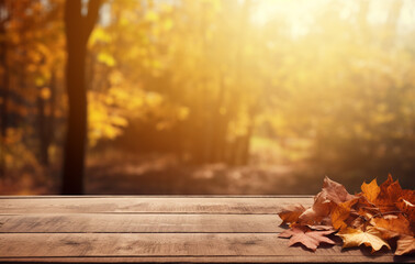 Obraz premium autumn background with autumn leaves on wooden board, in the style of light-filled landscapes сreated with Generative Ai