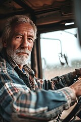 Close shot of a mature man driving a tractor on a farm. Hardworking farmer driving tractor.