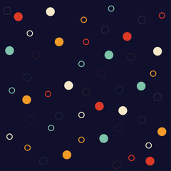 Geometrical pattern with white, blue, yellow, red circles on dark blue background for wallpapers, patterns, fabrics, packaging, posters, marketing, notebooks