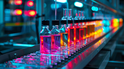 Rows of glass bottles lined up on a conveyor belt, being filled with a vibrant, fluorescent liquid by an automatic dispenser, symbolizing advanced virology research, Glass bottles - obrazy, fototapety, plakaty