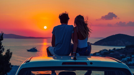 A magical moment captured as a couple sits on a car observing the sunset over the sea - obrazy, fototapety, plakaty