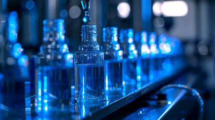 A sequence of glass bottles being filled with a blue, luminescent liquid, each drop symbolizing hope in the fight against viruses, Glass bottles in production, Virologist, Biochemi - obrazy, fototapety, plakaty