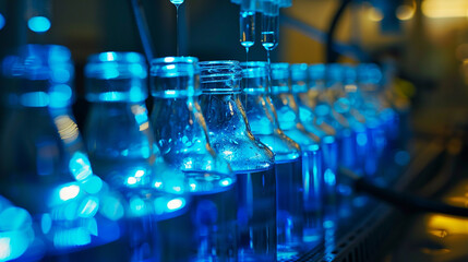 A sequence of glass bottles being filled with a blue, luminescent liquid, each drop symbolizing hope in the fight against viruses, Glass bottles in production, Virologist, Biochemi