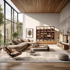 A modern living room with an open concept design, featuring an array of seating and storage options...